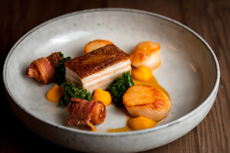 Braised pork belly and Islay scallops, ginger and sweet potato puree - 18 bar and restaurant Another Place The Machrie