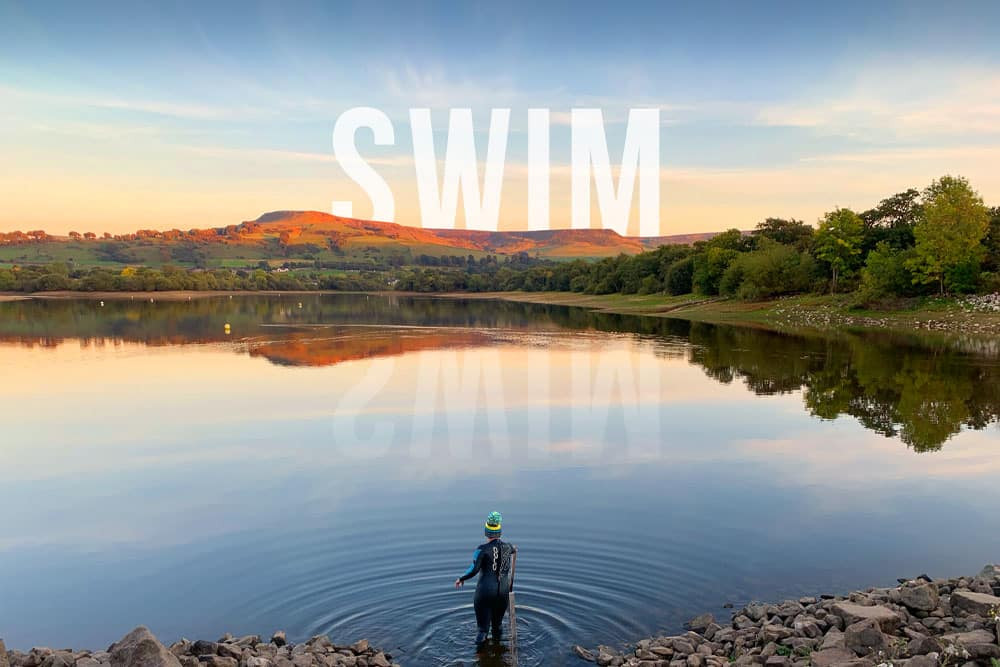 Image of a lake with the word "Swim" above it.
