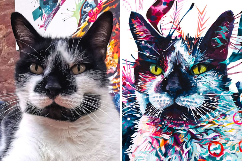 image of a cat and a artwork of it next to it.