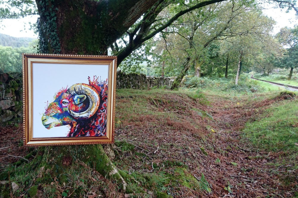 image of a sheep painting in the woods