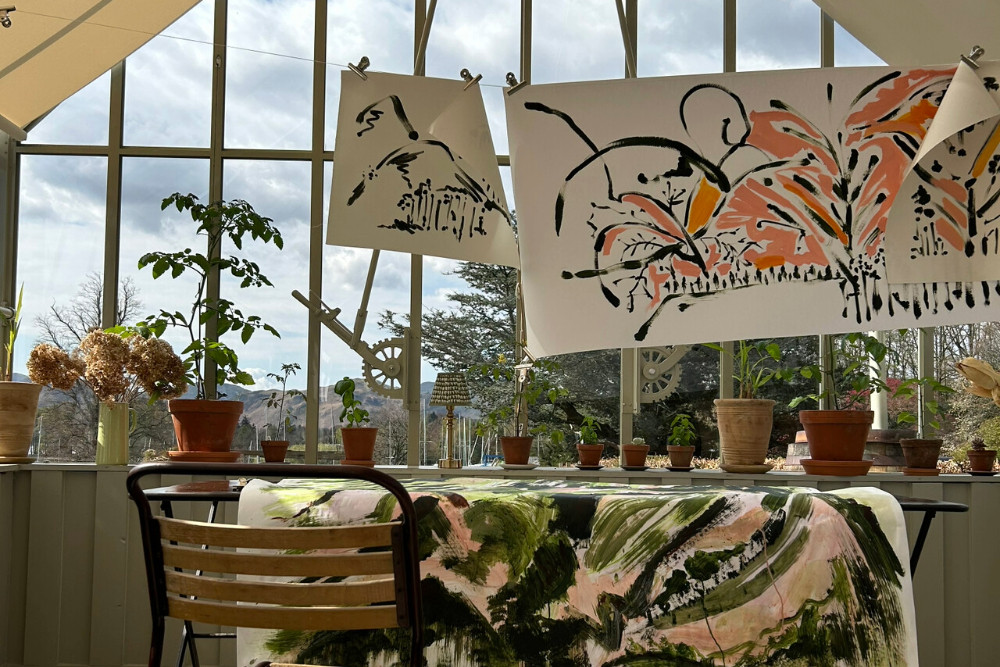 Charlotte Beavor's art hanging to dry in the Glasshouse at Another Place, the Lake