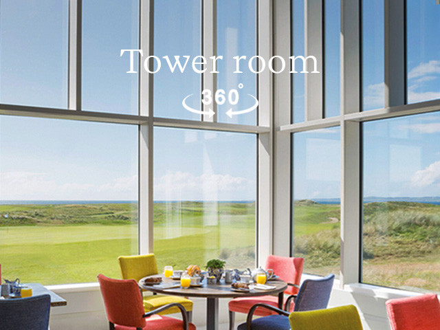 Tower room at another place the machrie, with floor to ceiling corner window overlooking the machrie golf course and laggan bay