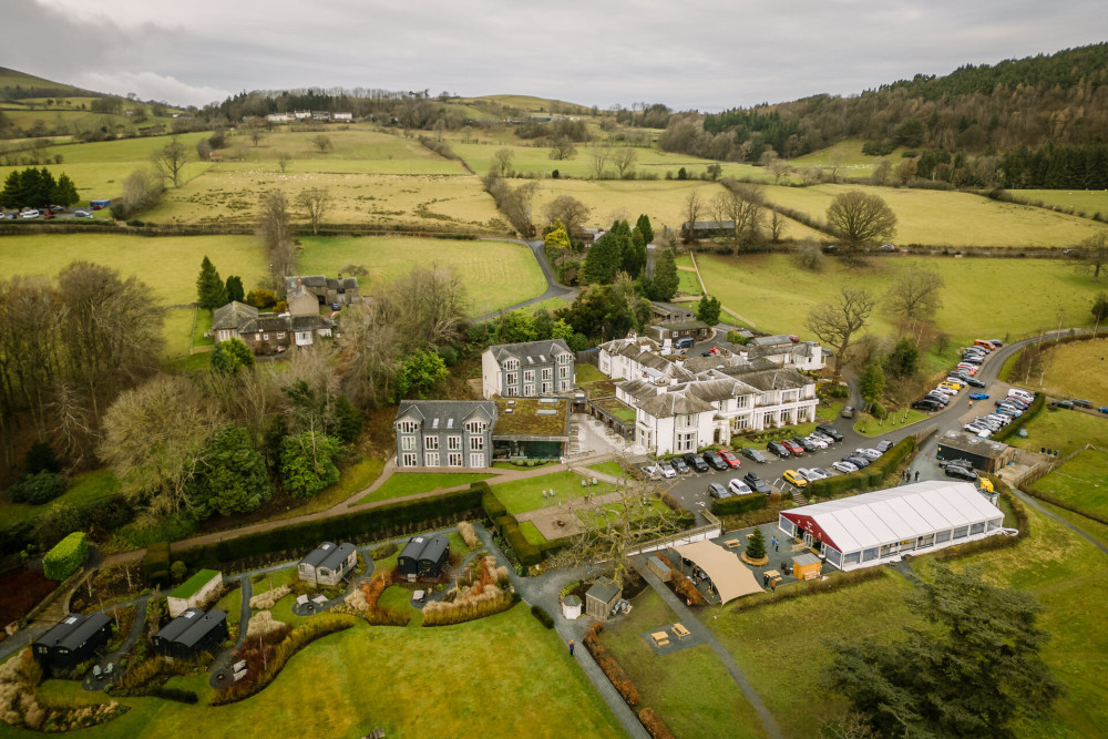 Aerial view of hotel with ice rink