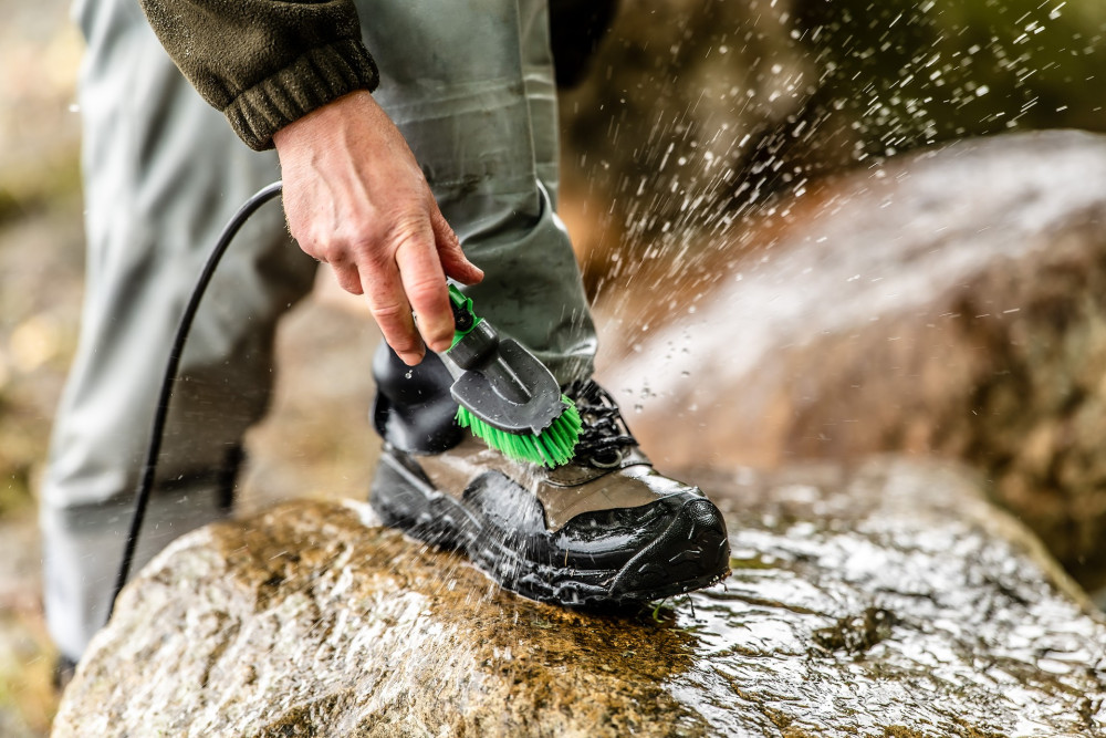 Close up shot of a person cleaning their hiking boots with a brush and water