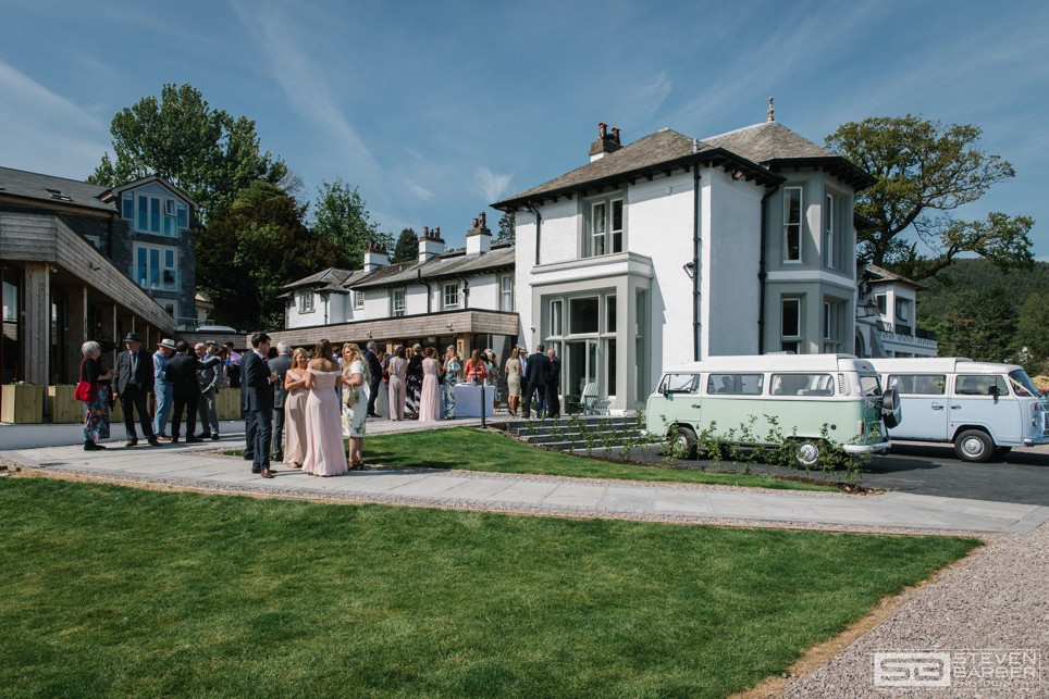 Wedding guests outside The Living Space at Another Place, The Lake