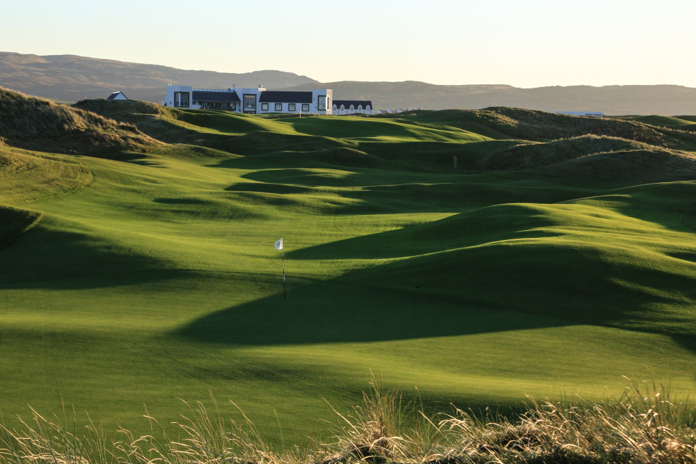 Aerial shot of the 5th hole of The Machrie, Islay golf course, looking out over the sea